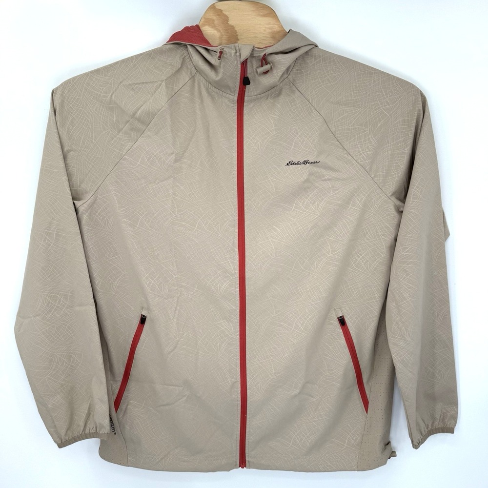 Eddie Bauer Windbreaker Men M Tan Red Motion FreeDry Hooded Jacket EA32LJ001